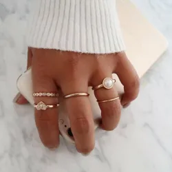 Crystal Heart Pearl Golden Finger Ring Set (5 pcs)